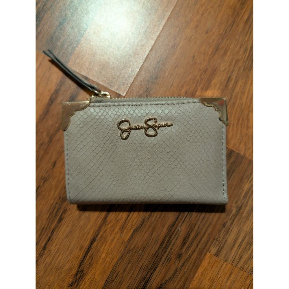 Jessica Simpson Faux Leather Python Card Case Coin Purse Wallet Gray Taupe Gold